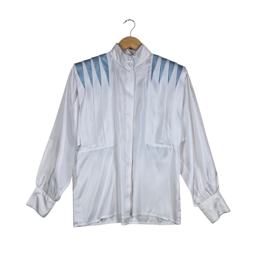 Vintage 80s Nilani Top Blouse sz 3/4 White Satin Blue Pleated Office Siren